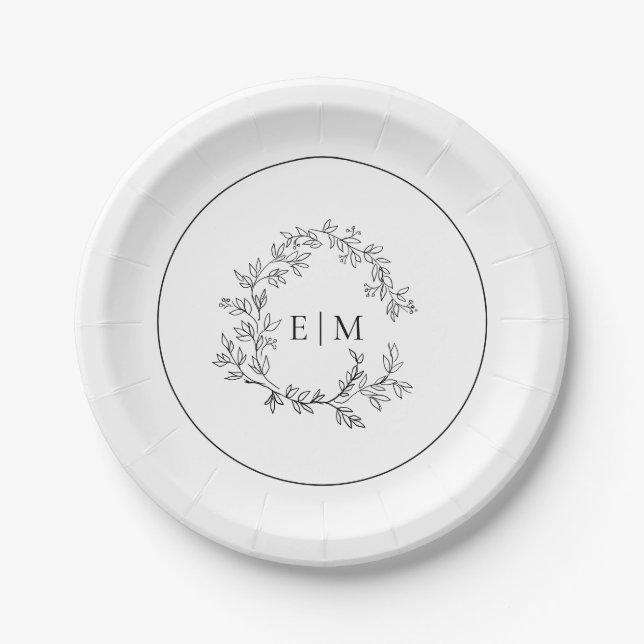 Modern White Black Leafy Crest Monogram Wedding Paper Plate (Front)