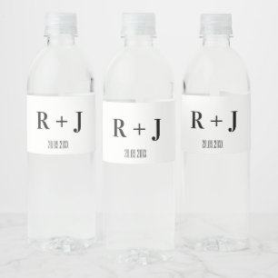 Modern White & Black Monogram Wedding Water Bottle Label