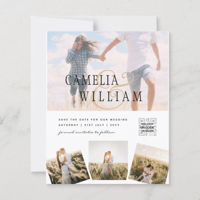 Modern White & Black PHOTO Wedding Invitation QR (Front)