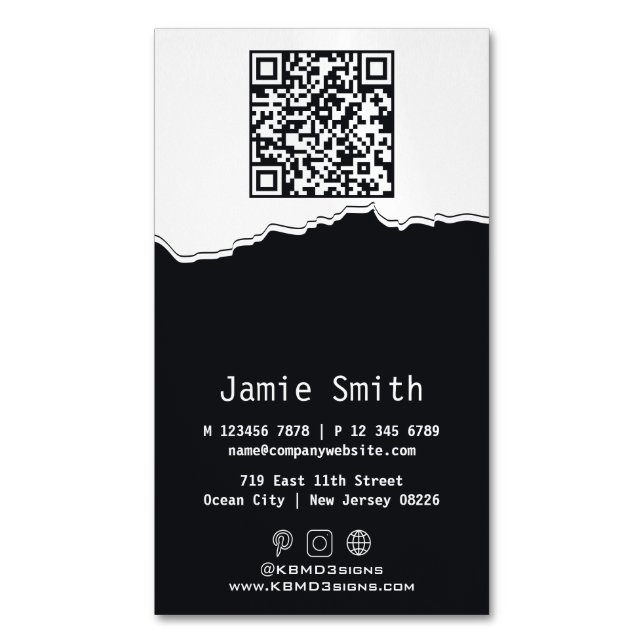 Modern White & Black Photography QR-code Business  Magnetic Business Card (Front Vertical)