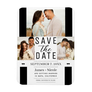 Modern White Black Save the Date 3 Photo Wedding Magnet