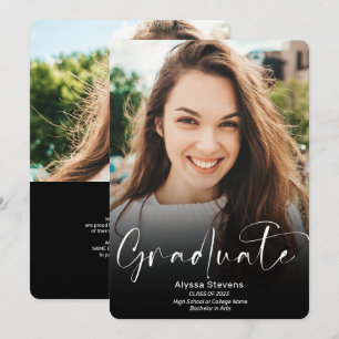 Modern white black script 2 photos graduation announcement