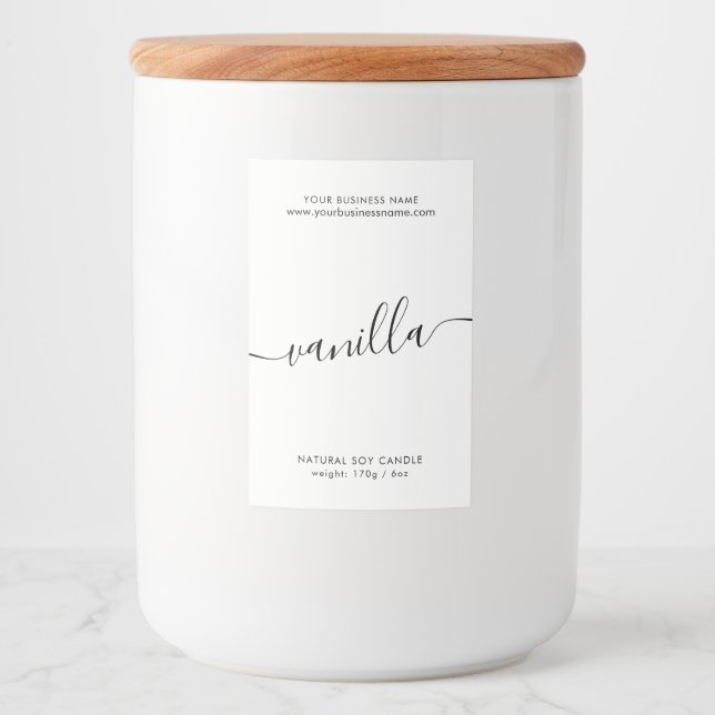 Modern white black script candle product label (Front)