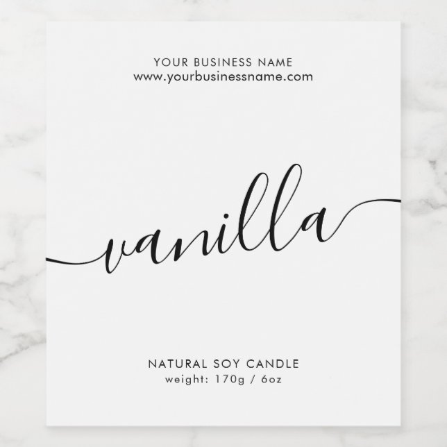 Modern white black script candle product label (Single Label)