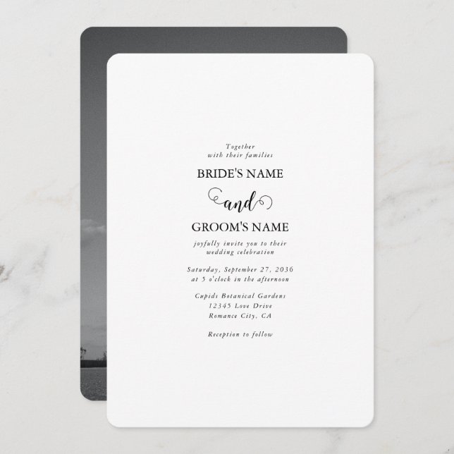 Modern White & Black Script Couple Photo Wedding Invitation (Front/Back)
