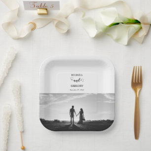 Modern White & Black Script Couple Photo Wedding Paper Plate