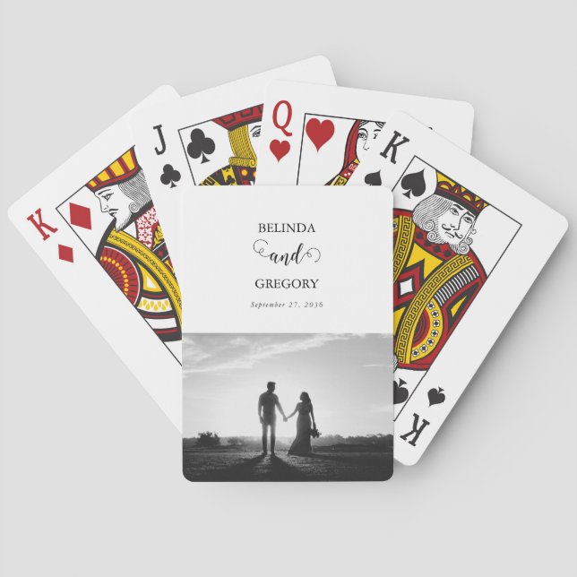 Modern White & Black Script Couple Photo Wedding Playing Cards (Back)