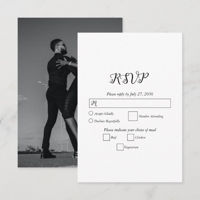 Modern White & Black Script Couple Photo Wedding RSVP Card (Front/Back)