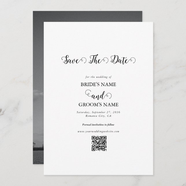 Modern White & Black Script Couple Photo Wedding Save The Date (Front/Back)