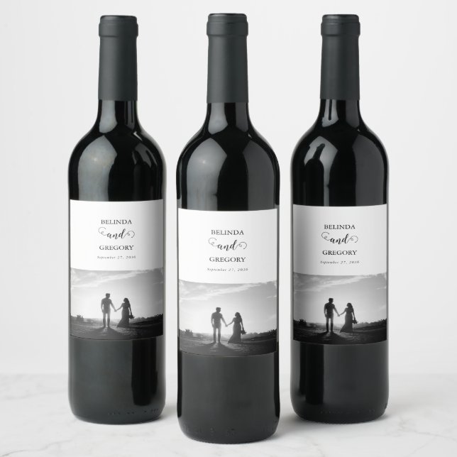 Modern White & Black Script Couple Photo Wedding Wine Label (Bottles)