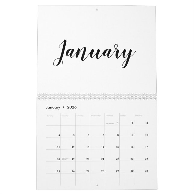 Modern white black script month minimalist custom calendar (Jan 2026)