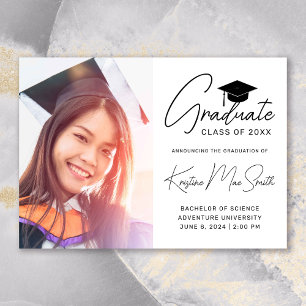Modern White Black Script Photo College Graduation Announcement