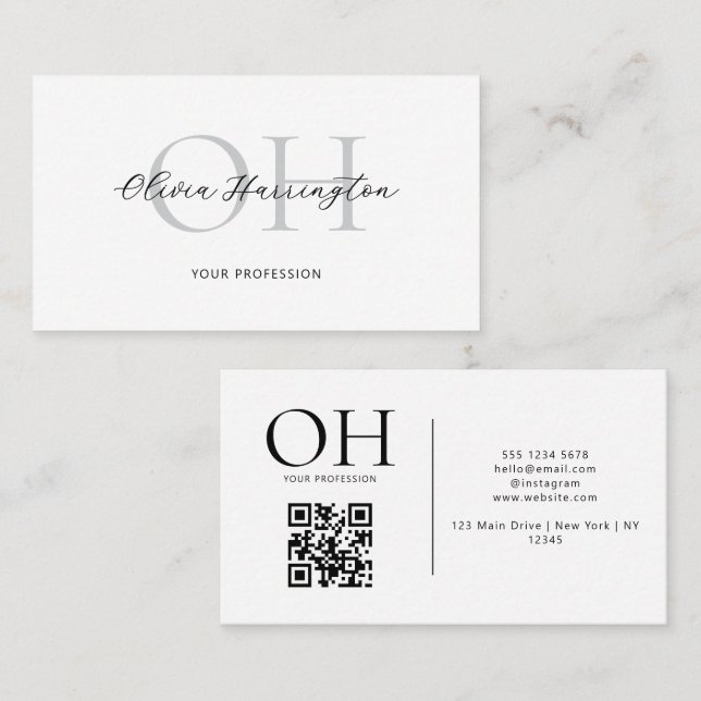 Modern White Black Script QR Code Monogram Business Card (Front/Back)