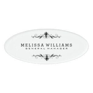 Modern White & Black With Swirls Frame Name Tag