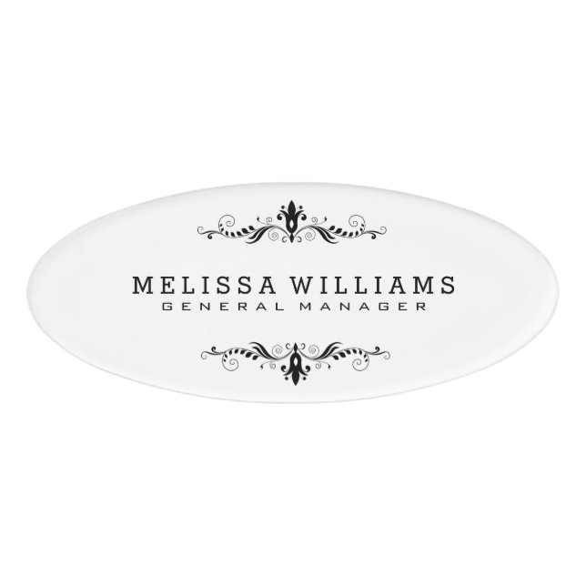 Modern White & Black With Swirls Frame Name Tag (Front)