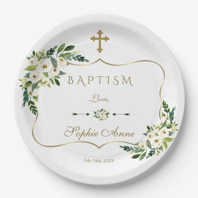 Modern White Blooming Floral Girl Baptism Paper Plate (Front)