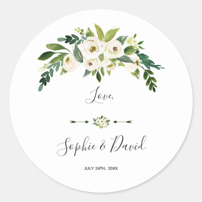 Modern White Blooming Floral Handwriting Wedding Classic Round Sticker (Front)