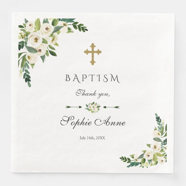 Modern White Blooming Floral Peonies Baptism Napkin (Front)