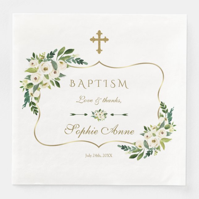 Modern White Blooming Floral Peonies Baptism Napkin (Front)