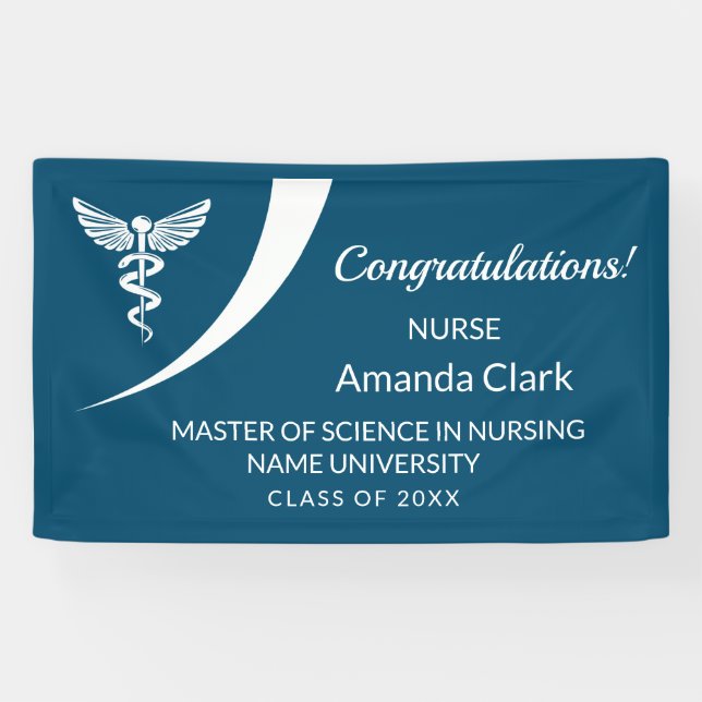 Modern White & Blue Caduceus Nursing Graduation Banner (Horizontal)