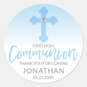 Modern White Blue Cross COMMUNION Boy Thank You Classic Round Sticker