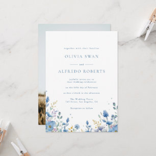 Modern White Blue Floral With Photo Wedding Invitation