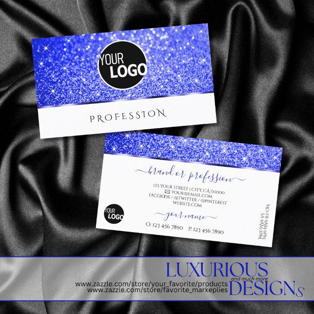 Modern White Blue Glitter Sparkling Stars add Logo Business Card (Creator Uploaded)
