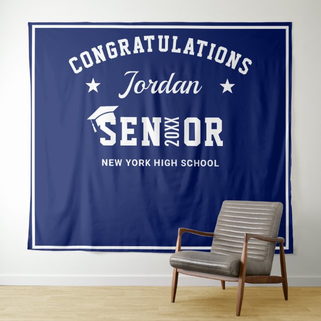 Modern White Blue Graduation Photo Booth Backdrop Tapestry (In Situ (Horizontal))