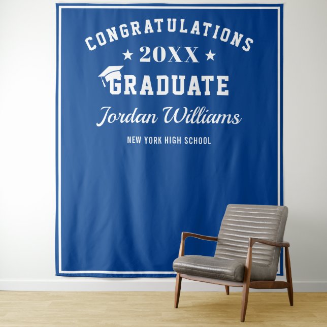 Modern White Blue Graduation Photo Prop Backdrop Tapestry (In Situ)