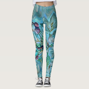 Modern White Blue Green Cherry Blossom Watercolor Leggings