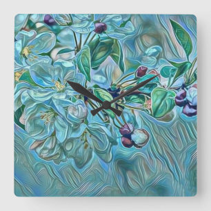 Modern White Blue Green Cherry Blossom Watercolor  Square Wall Clock