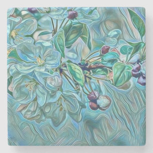 Modern White Blue Green Cherry Blossom Watercolor Stone Coaster