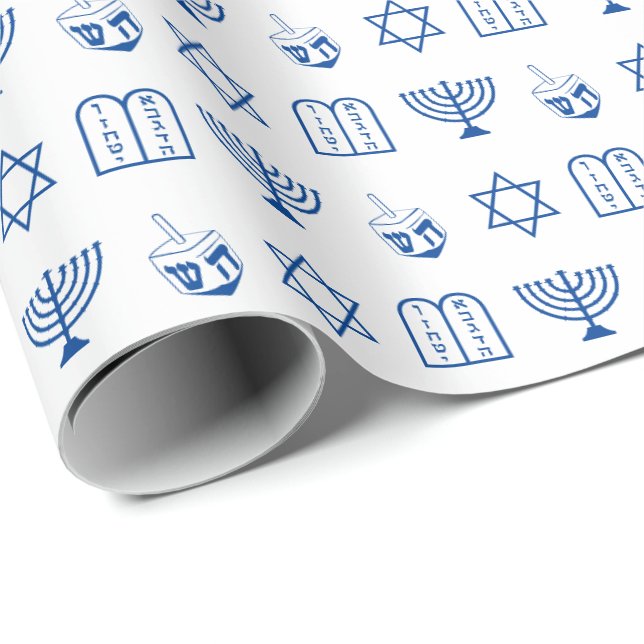 Modern white blue Jewish Icons pattern Hanukkah Wrapping Paper (Roll Corner)