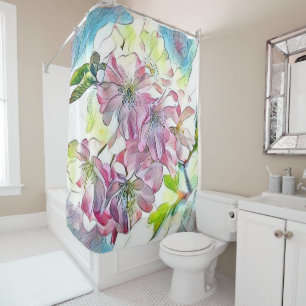 Modern White Blue Pink Cherry Blossom Watercolor 
