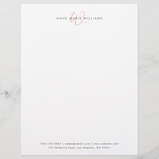 Modern White Blush Pink Script Monogram Letterhead (Front)