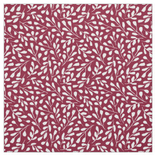 Modern White Botanical Leaf Pattern Burgundy Red Fabric