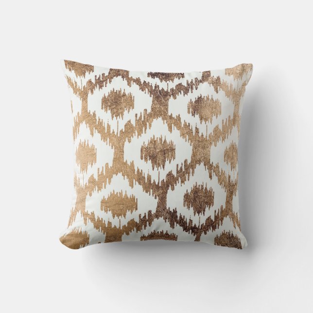 Modern white brass gold ikat elegant pattern throw pillow (Front)