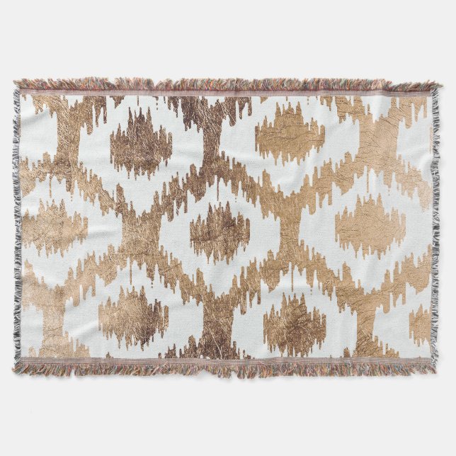 Modern white brass gold ikat pattern throw blanket (Front)