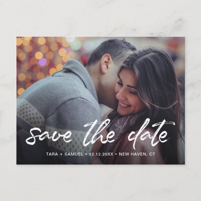 Modern White Brush Script Photo Save the Date Announcement Postcard (Front)