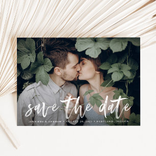 Modern White Brush Script Photo Save the Date Invitation