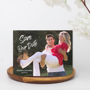 Modern White Brush Script Save the Date Photo Card