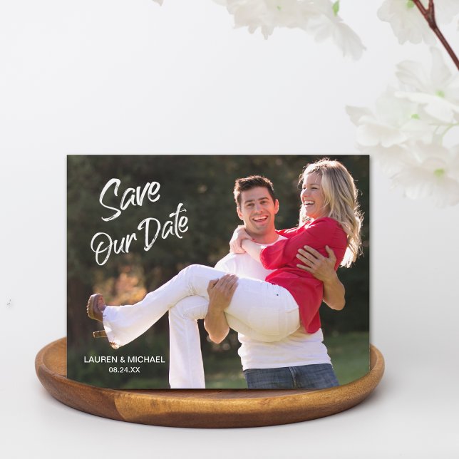 Modern White Brush Script Save the Date Photo Card (Creator Uploaded)