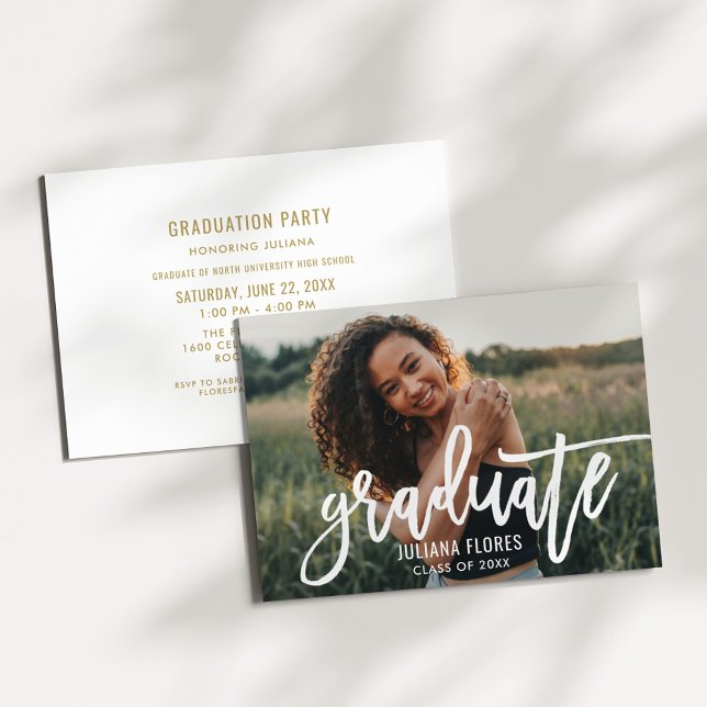 Modern White Brushed Script Graduate Photo Invitation (Creator Uploaded)