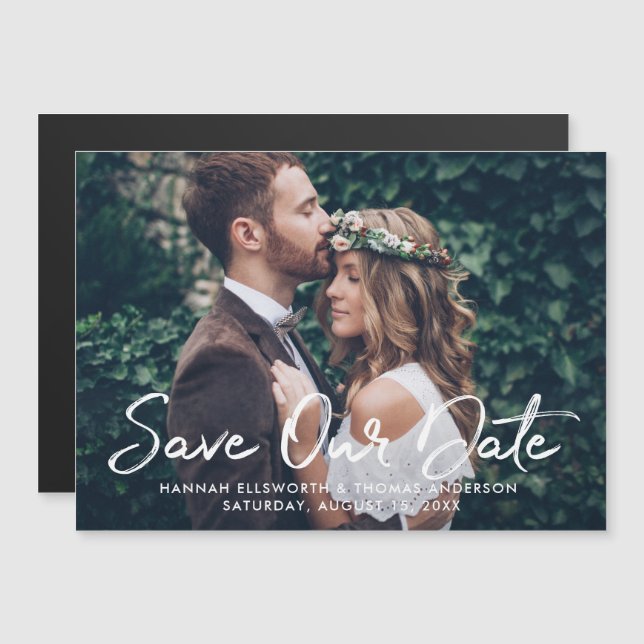 Modern White Brushed Script Photo Save Our Date (Front/Back)