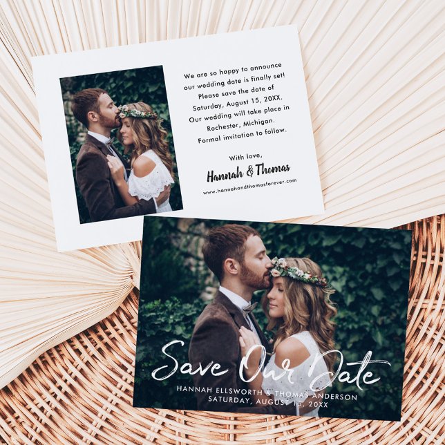 Modern White Brushed Script Wedding Photo Announcement (Creator Uploaded)