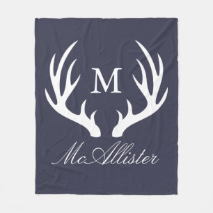 Modern White Buck Antlers Personalized Family Name Fleece Blanket