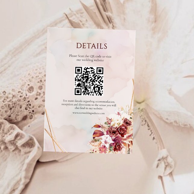 Modern White Burgundy Flowers QR Code Details Enclosure Card (Creator Uploaded)