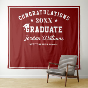 Modern White Burgundy Graduation Photo Backdrop Tapestry