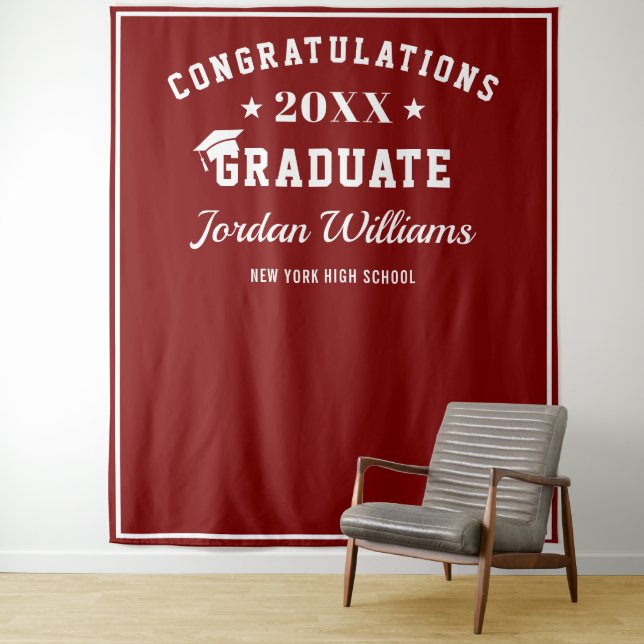 Modern White Burgundy Graduation Photo Backdrop Tapestry (In Situ)