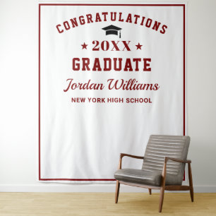 Modern White Burgundy Graduation Photo Backdrop Tapestry